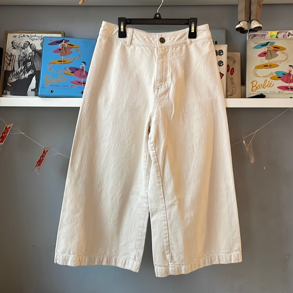Studio F white wide leg cropped jeans pants 4